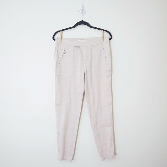 Vince Size 4 Linen Blend Patchwork Cargo Jogger Pants Cream Zipper Front - Picture 2 of 12